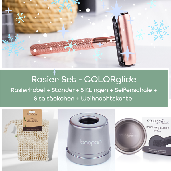 * Rasierset COLORglide *- Rasierhobel + Ständer + 5 Klingen + Seifenschale + Sisalsäckchen+Weihnachtskarte