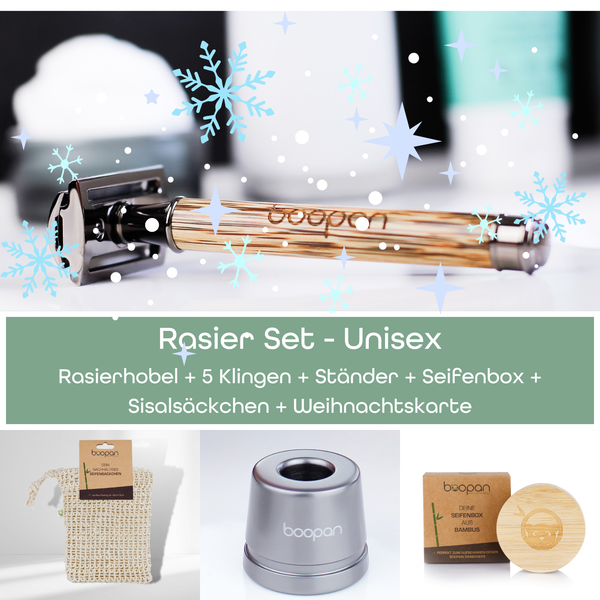 *RASIER SET* Rasierhobel  + Ständer + 5 Klingen + Seifenbox + Sisalsäckchen+Weihnachtskarte